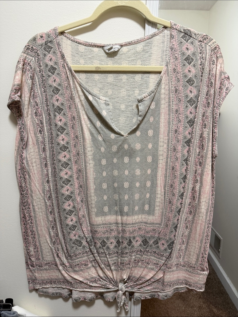 Lucky Brand Pink & Gray Short Sleeve Tie-Front Tunic